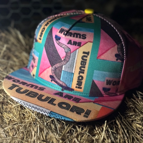 Worms are Tubular Rad Watercolor Skateboarding Worm Pun Dad Joke FlatBill Hat - Picture 3 of 10